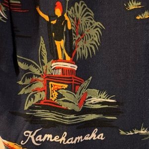 Authentic Hawaiian aloha shirt with hula dancers, classic cars and beach scenes